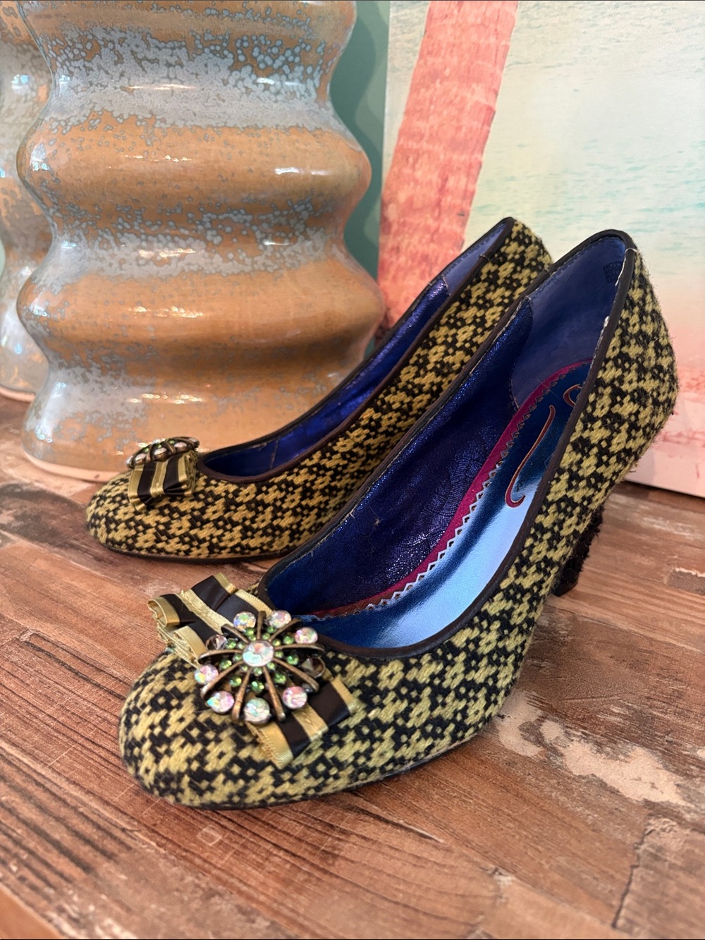 Poetic License Yellow-Green Patterned Mid Heel Pumps with Decorative Buckle - Picture 10 of 11